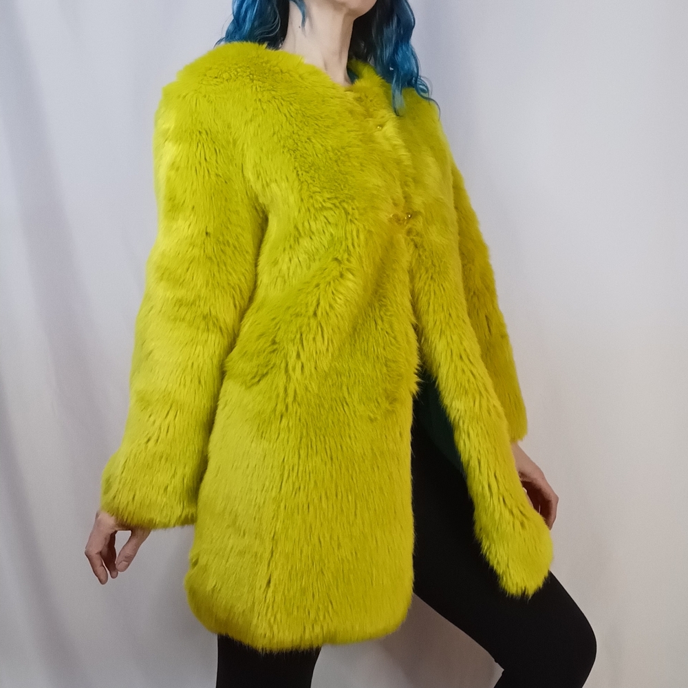 Chartreuse Faux Fur Coat with Teal Satin Lining. - Picture 4 of 8